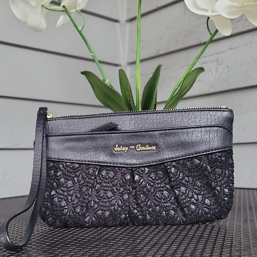 Juicy Couture Black Vintage Leather and Lace Wristlet